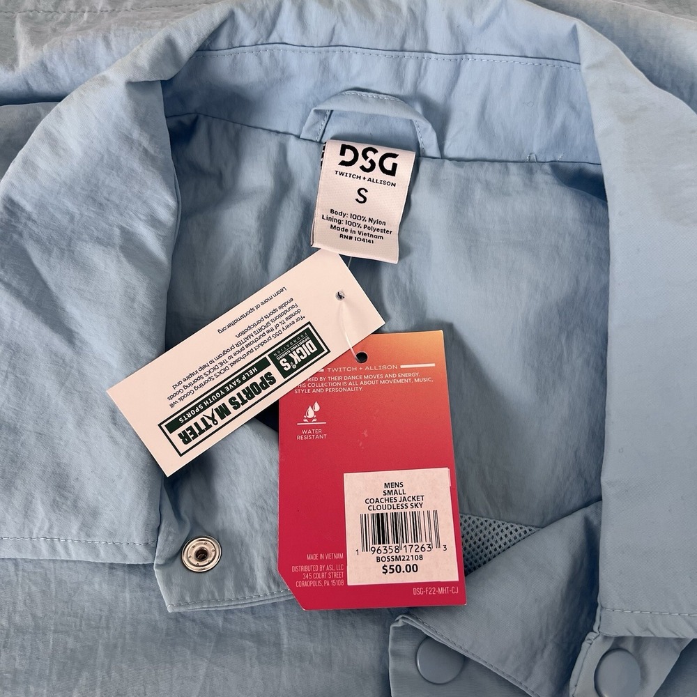 DSG Mens Small Coaches Jacket Cloudless Sky Blue Water Resistant Streetwear NWT - Picture 6 of 9